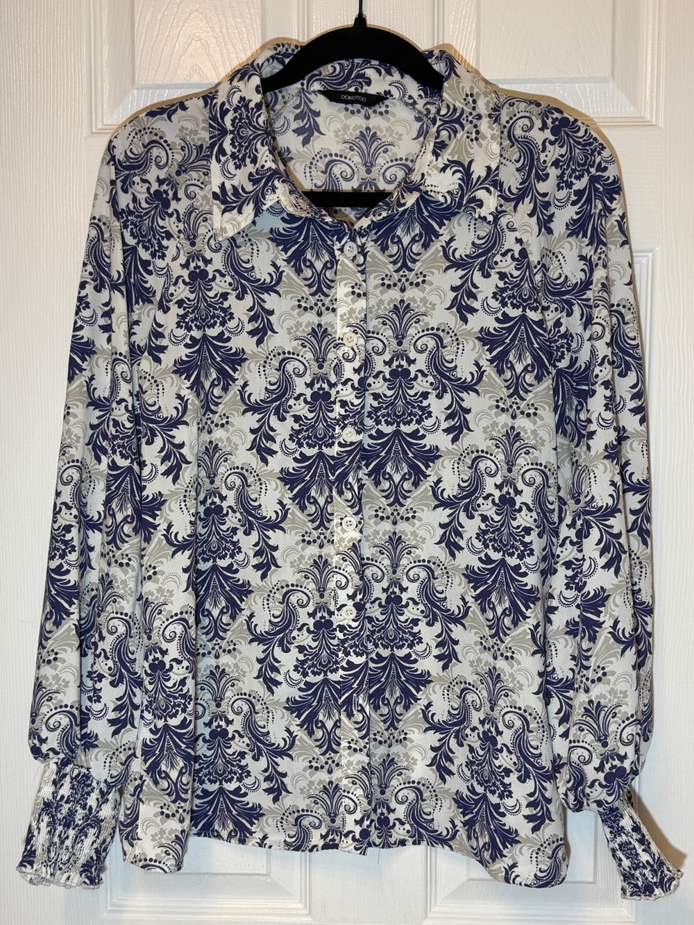Chico's White and Navy Paisley Button-Down Blouse